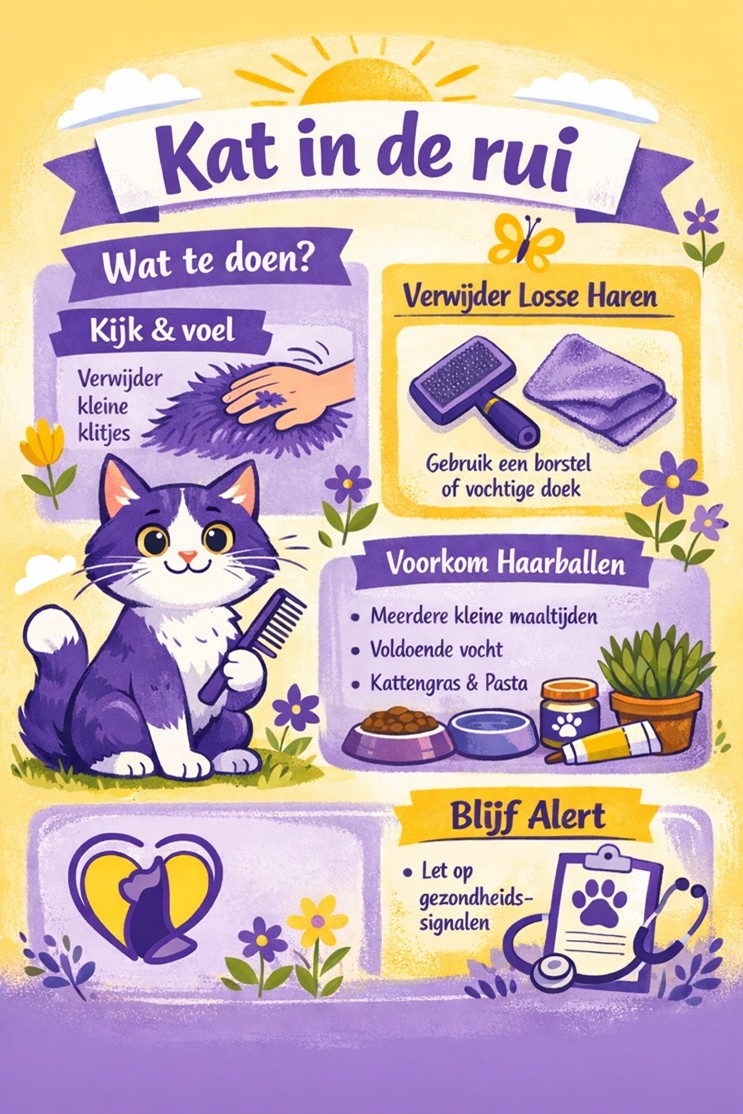 Infographic met tips wat te doen als je kat in de rui is, zoals losse haren verwijderen, kleine klitjes controleren en haarballen voorkomen.